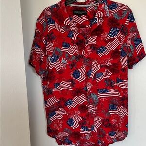 Free Planet Red Short-Sleeve Button-Down with Flag & Firework Print
